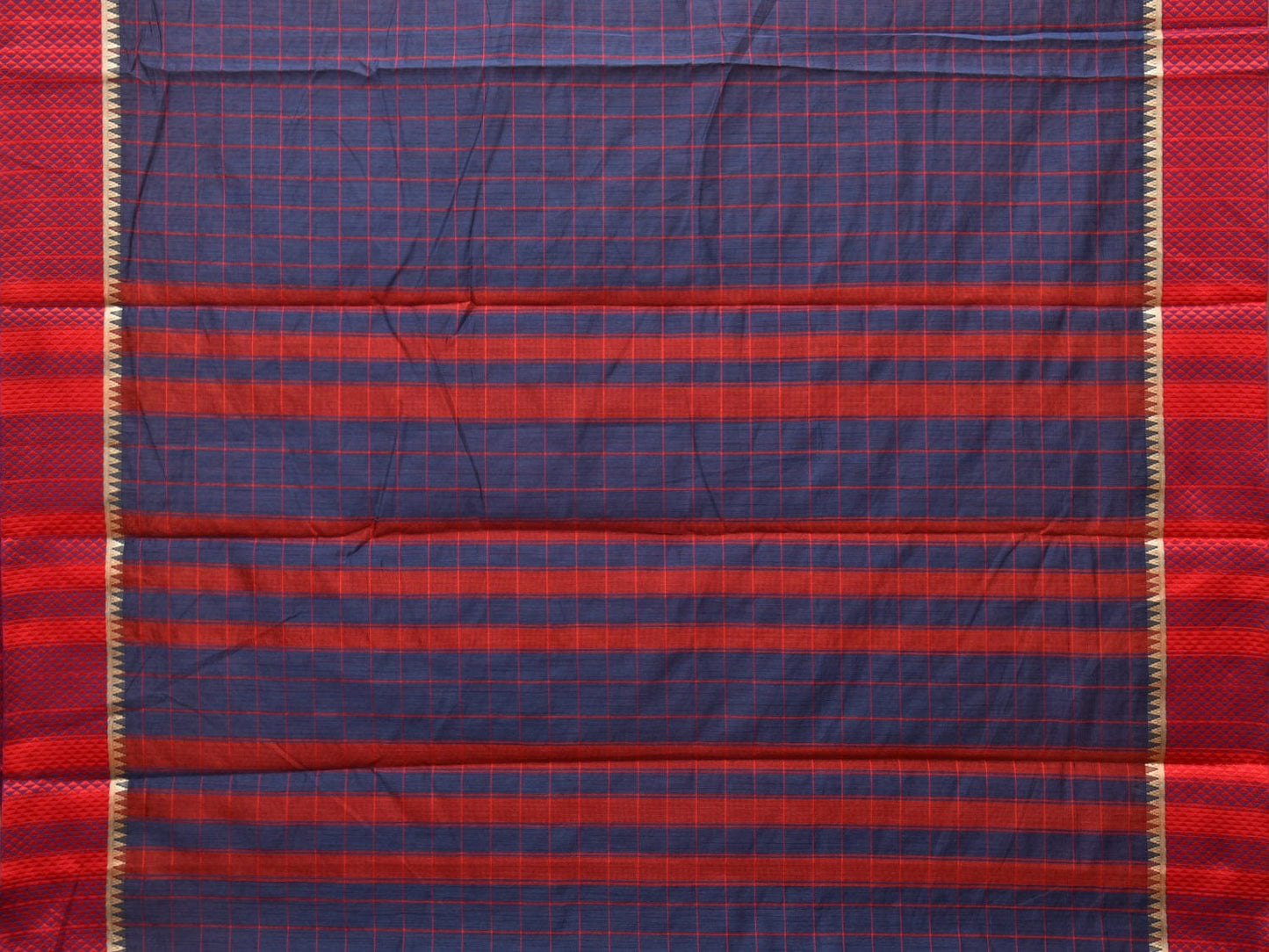 Dark Blue and Red Bamboo Cotton Saree with Big Checks Design No Blouse - Global Threads | Swadesiicart