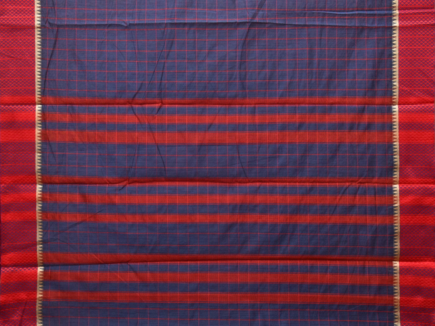 Dark Blue and Red Bamboo Cotton Saree with Big Checks Design No Blouse - Global Threads | Swadesiicart