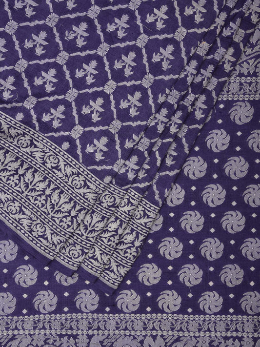 Dark Blue Cut Work Tussar Cotton Handloom Saree with All Over Jamdani Style Design - Global Threads | Swadesiicart