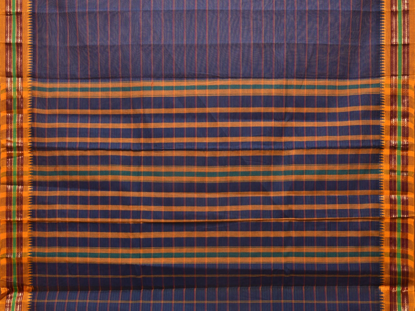 Dark Blue Narayanpet Cotton Handloom Saree with Strips Design No Blouse - Global Threads | Swadesiicart
