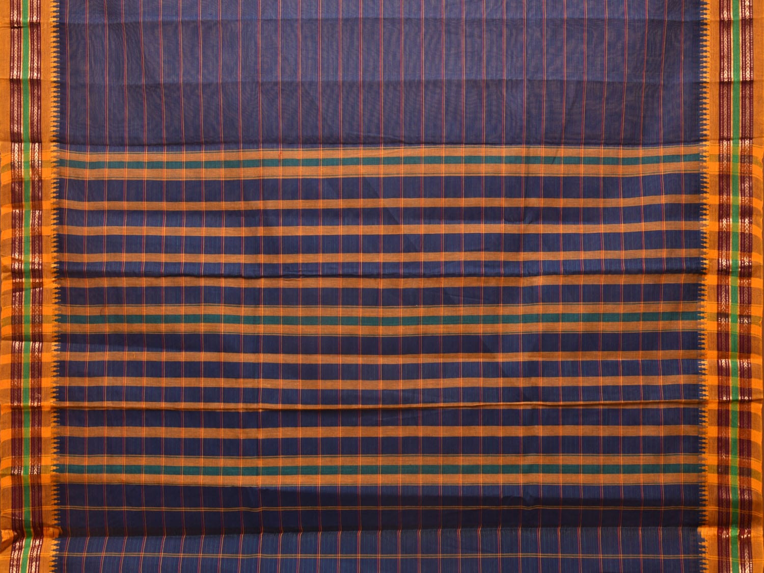 Dark Blue Narayanpet Cotton Handloom Saree with Strips Design No Blouse - Global Threads | Swadesiicart