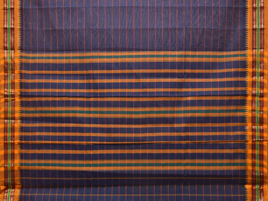 Dark Blue Narayanpet Cotton Handloom Saree with Strips Design No Blouse - Global Threads | Swadesiicart