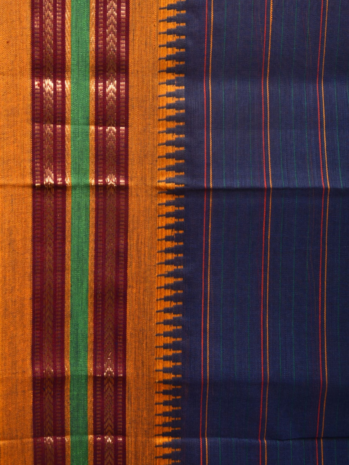 Dark Blue Narayanpet Cotton Handloom Saree with Strips Design No Blouse - Global Threads | Swadesiicart