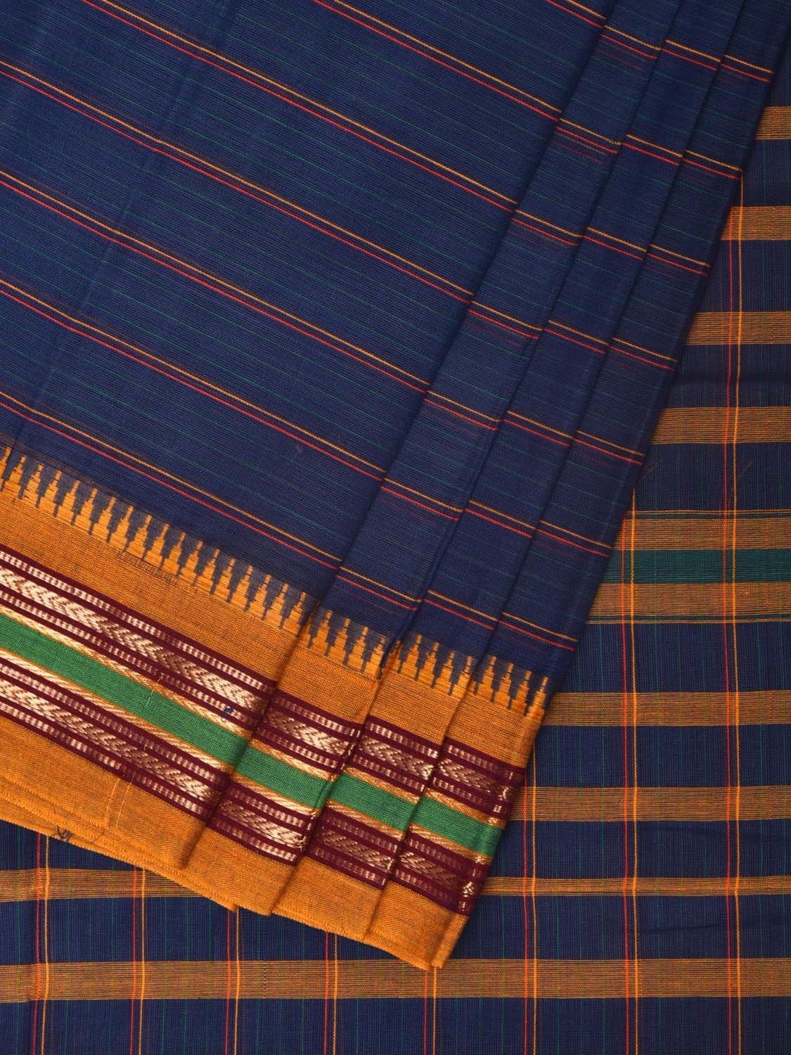 Dark Blue Narayanpet Cotton Handloom Saree with Strips Design No Blouse - Global Threads | Swadesiicart