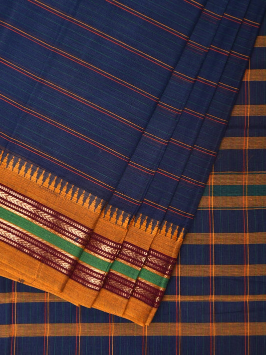 Dark Blue Narayanpet Cotton Handloom Saree with Strips Design No Blouse - Global Threads | Swadesiicart