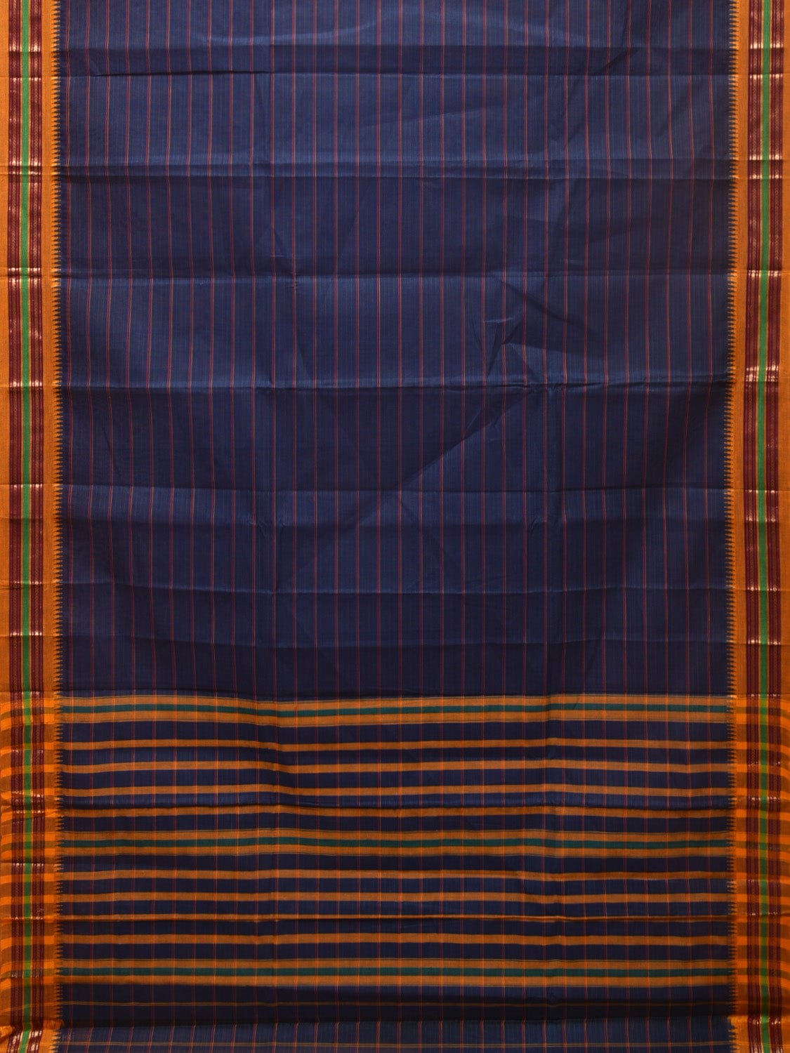 Dark Blue Narayanpet Cotton Handloom Saree with Strips Design No Blouse - Global Threads | Swadesiicart