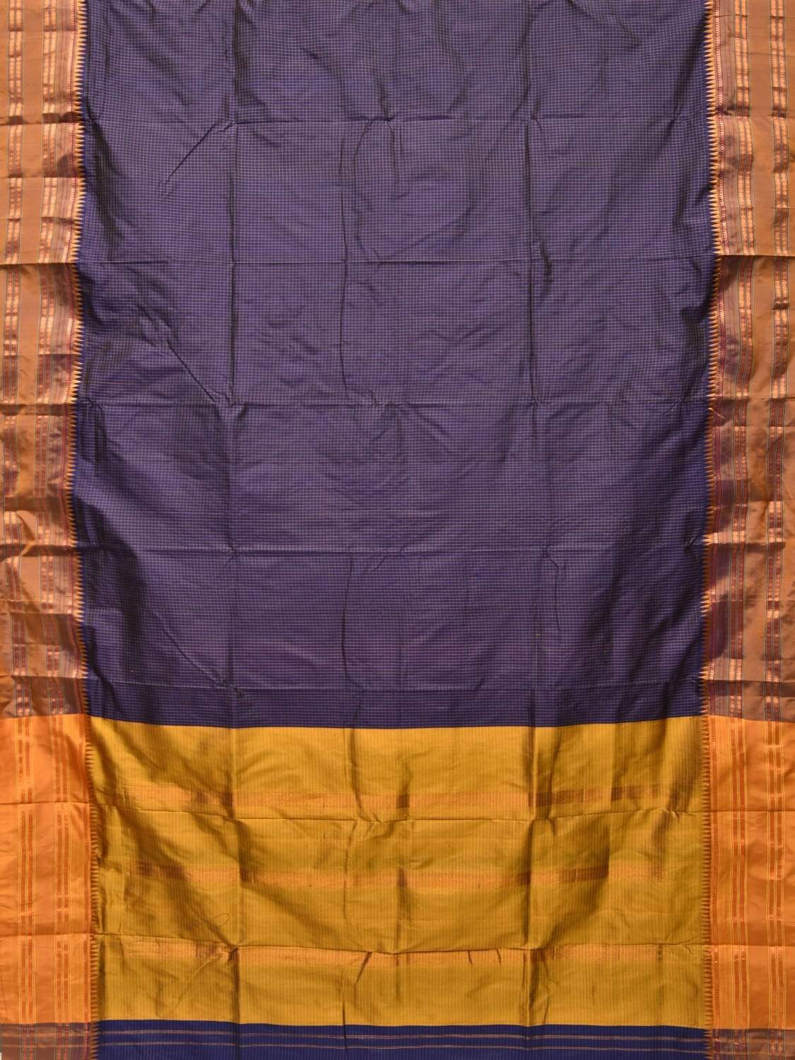 Dark Blue Narayanpet Silk Handloom Saree with Checks Design No Blouse - Global Threads | Swadesiicart