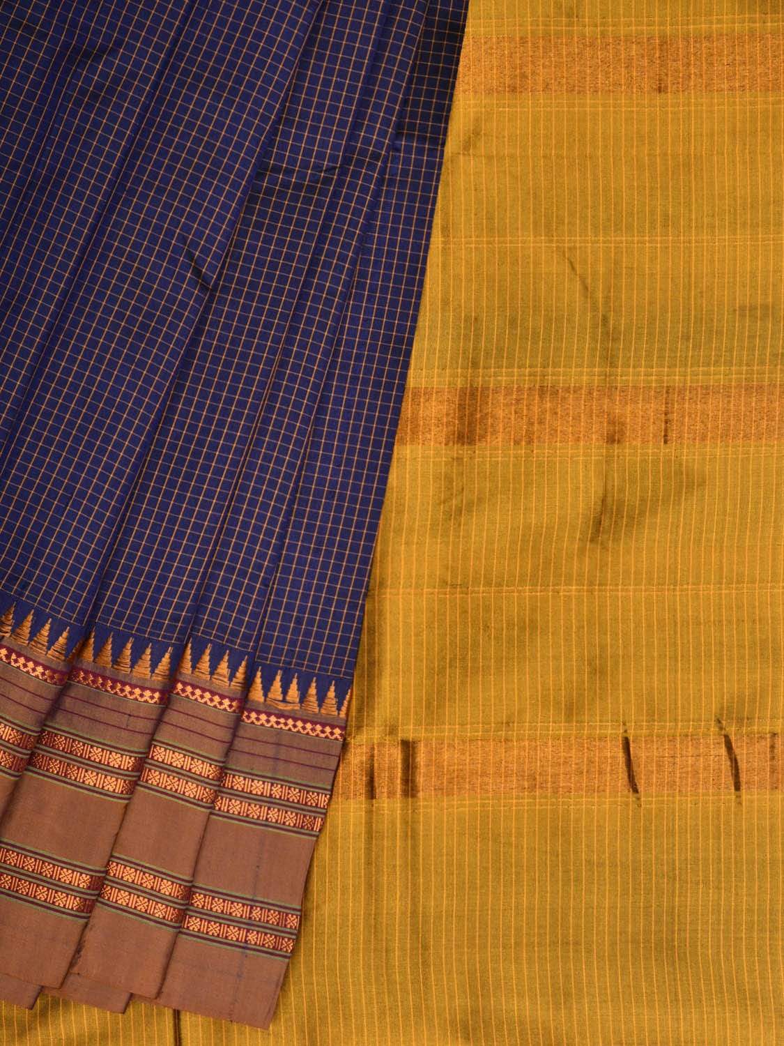 Dark Blue Narayanpet Silk Handloom Saree with Checks Design No Blouse - Global Threads | Swadesiicart