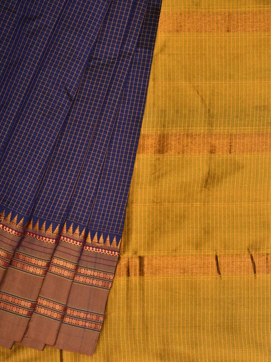 Dark Blue Narayanpet Silk Handloom Saree with Checks Design No Blouse - Global Threads | Swadesiicart