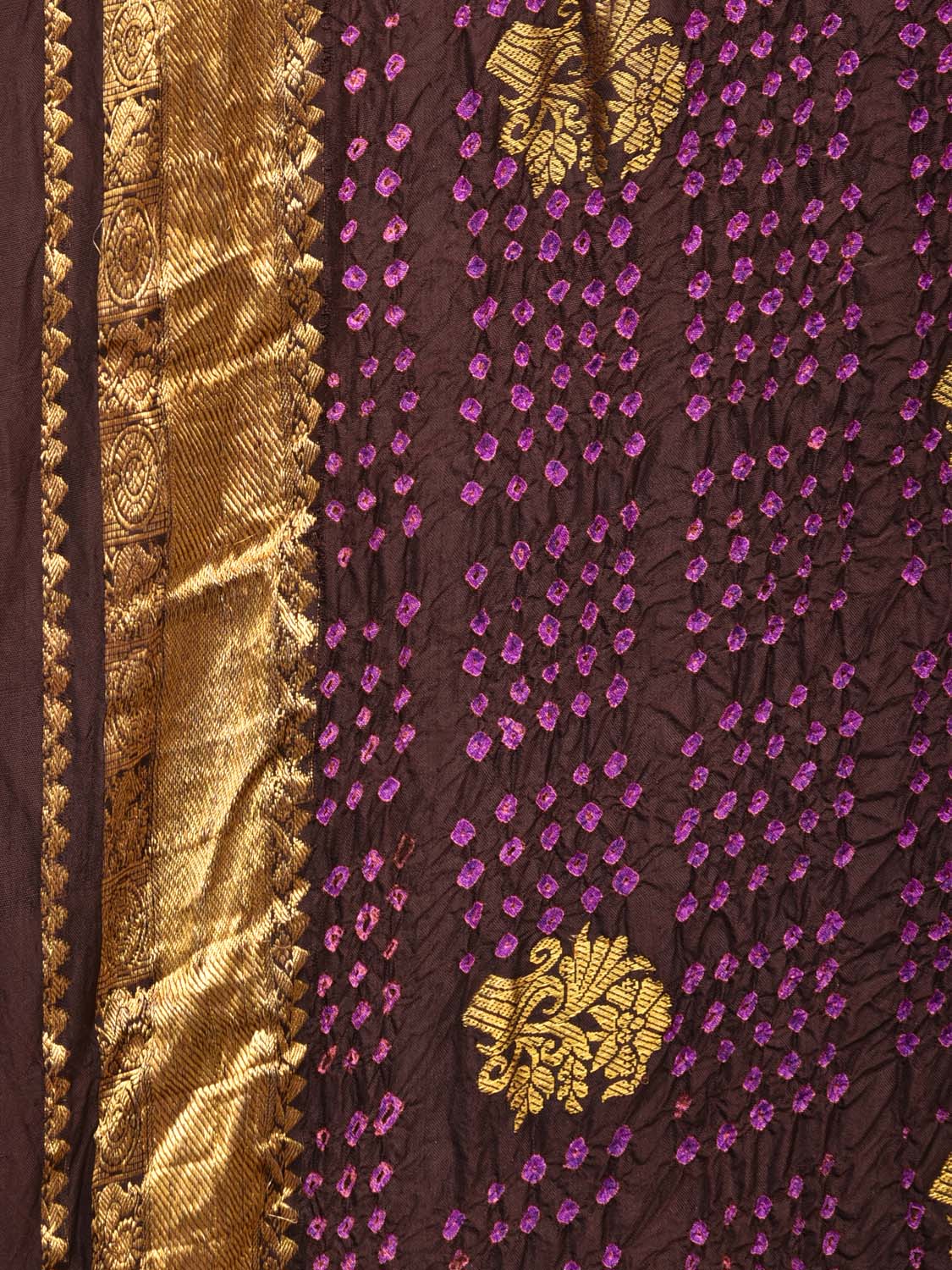 Dark Brown Bandhani Kanchipuram Silk Handloom Saree with Mango Pallu Design - Global Threads | Swadesiicart