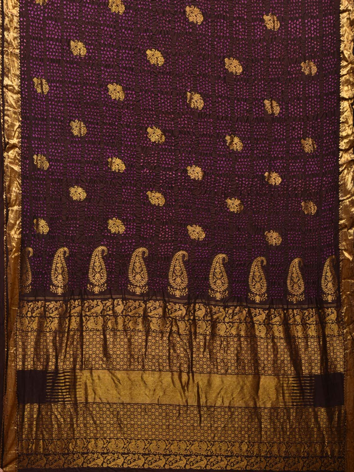 Dark Brown Bandhani Kanchipuram Silk Handloom Saree with Mango Pallu Design - Global Threads | Swadesiicart