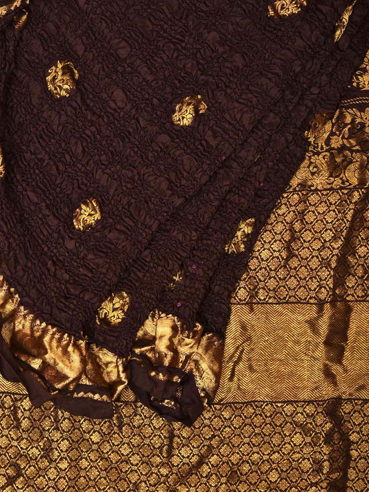 Dark Brown Bandhani Kanchipuram Silk Handloom Saree with Mango Pallu Design - Global Threads | Swadesiicart