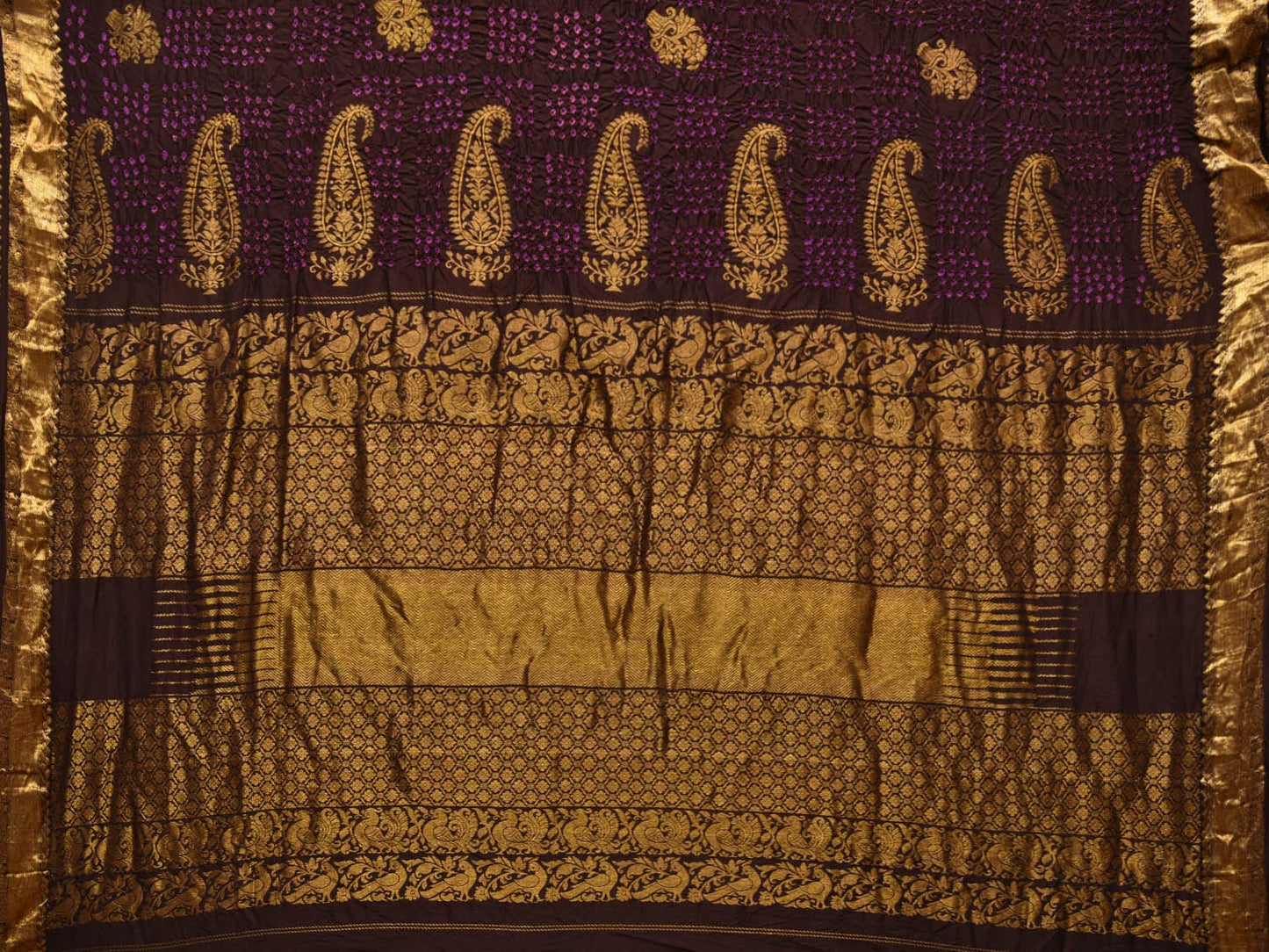 Dark Brown Bandhani Kanchipuram Silk Handloom Saree with Mango Pallu Design - Global Threads | Swadesiicart