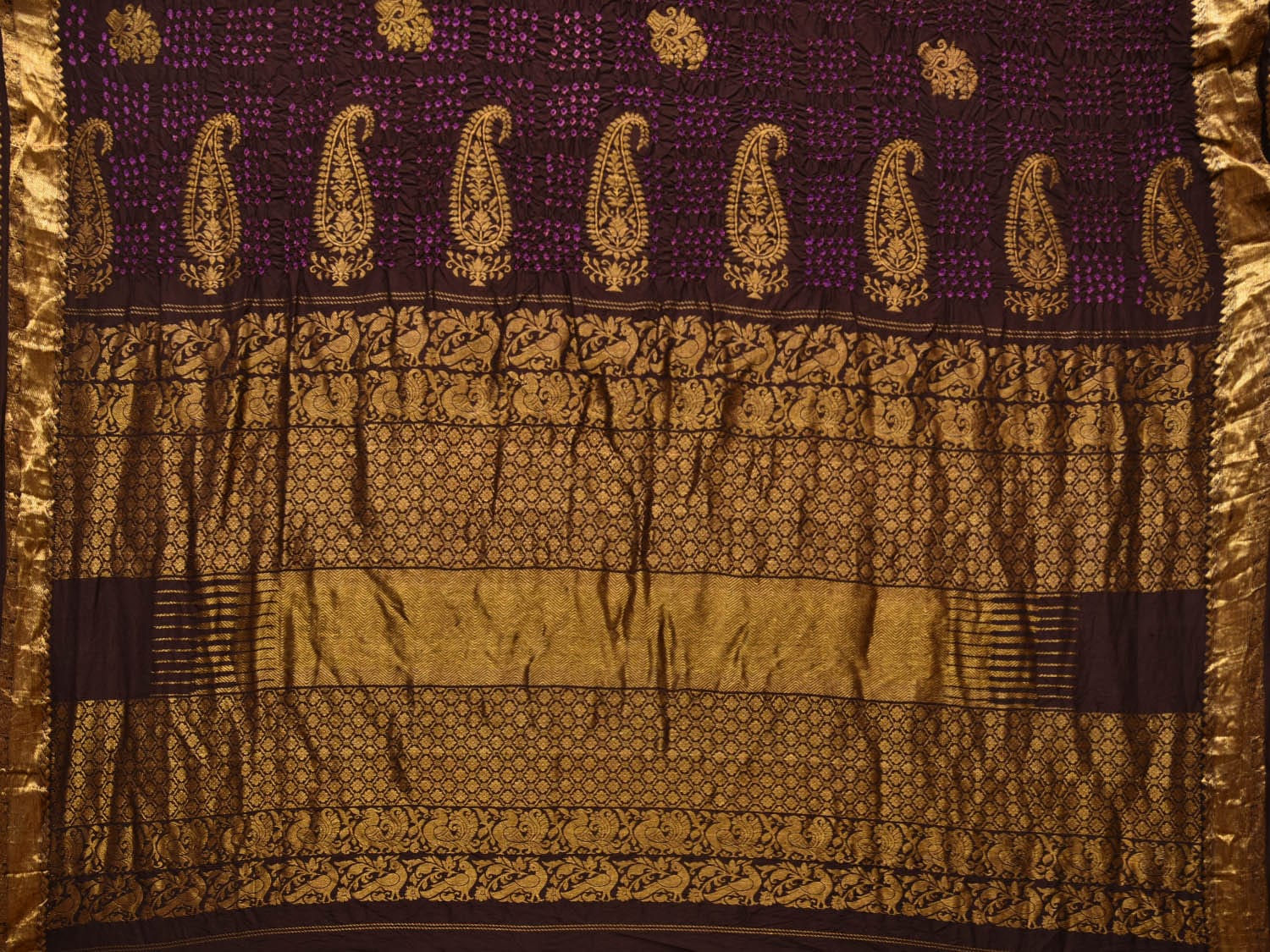 Dark Brown Bandhani Kanchipuram Silk Handloom Saree with Mango Pallu Design - Global Threads | Swadesiicart