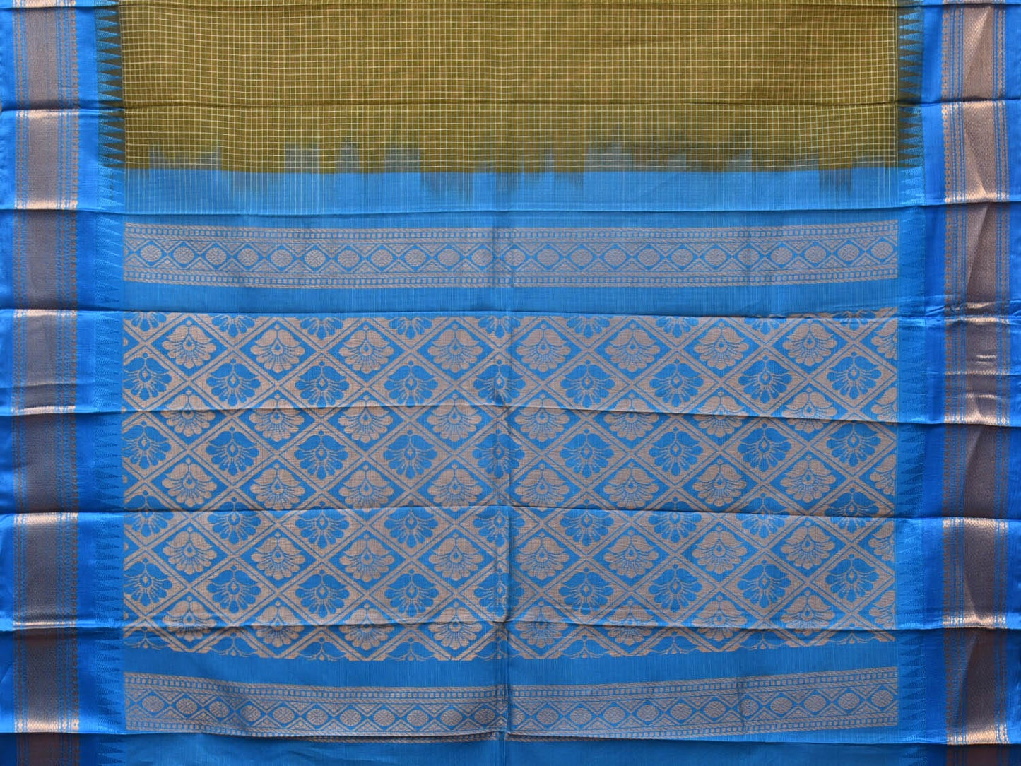 Dark Green and Blue Gadwal Cotton Plain Saree with Checks and Pallu Design No Blouse - Global Threads | Swadesiicart