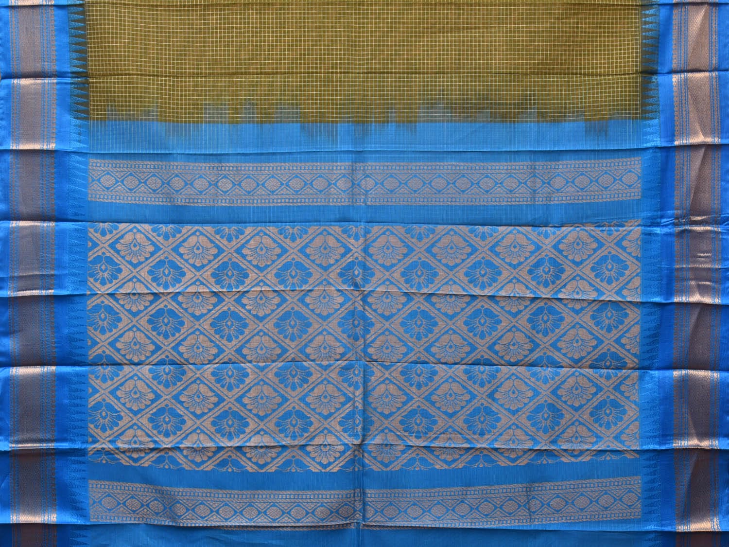 Dark Green and Blue Gadwal Cotton Plain Saree with Checks and Pallu Design No Blouse - Global Threads | Swadesiicart