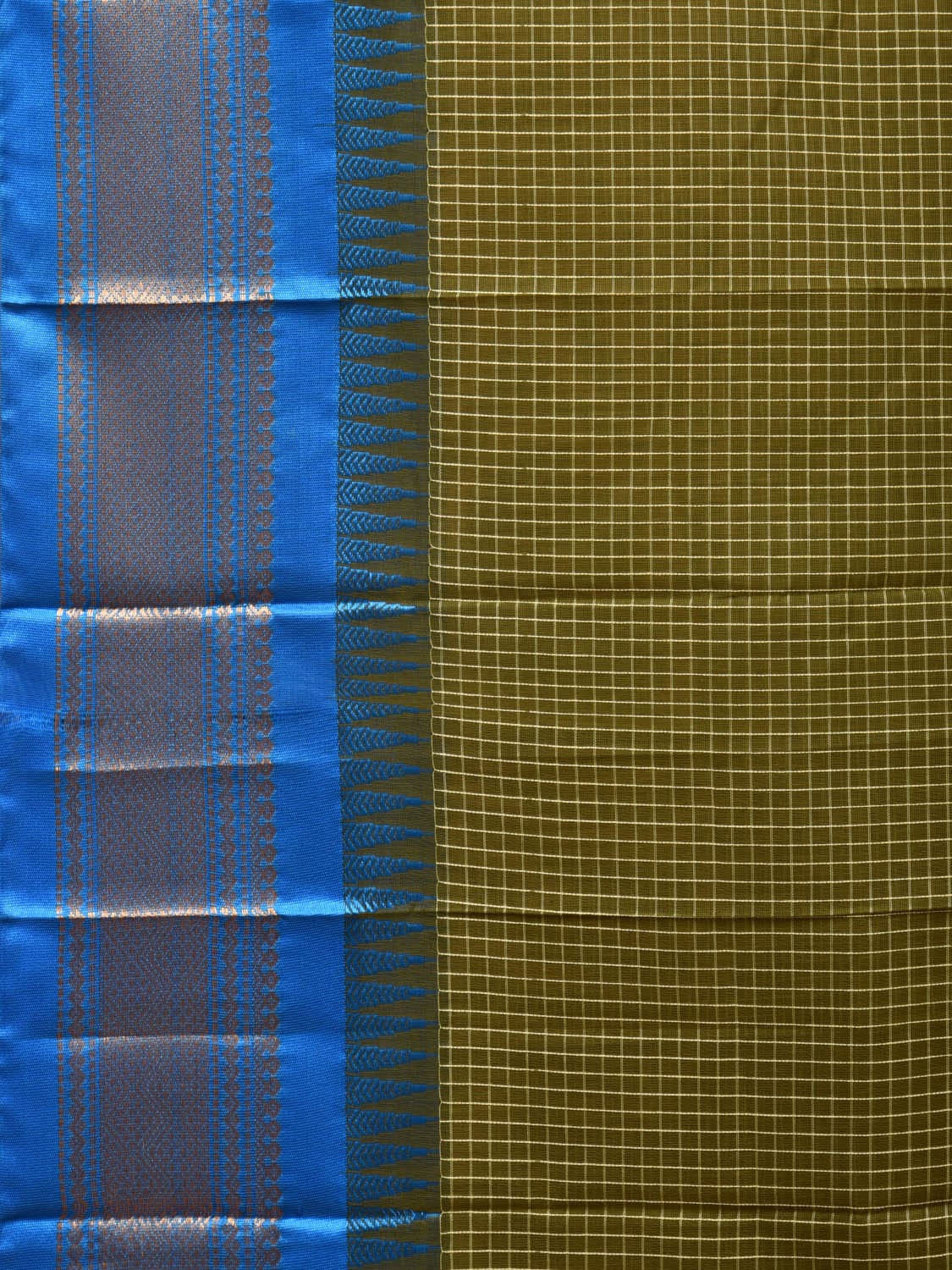 Dark Green and Blue Gadwal Cotton Plain Saree with Checks and Pallu Design No Blouse - Global Threads | Swadesiicart