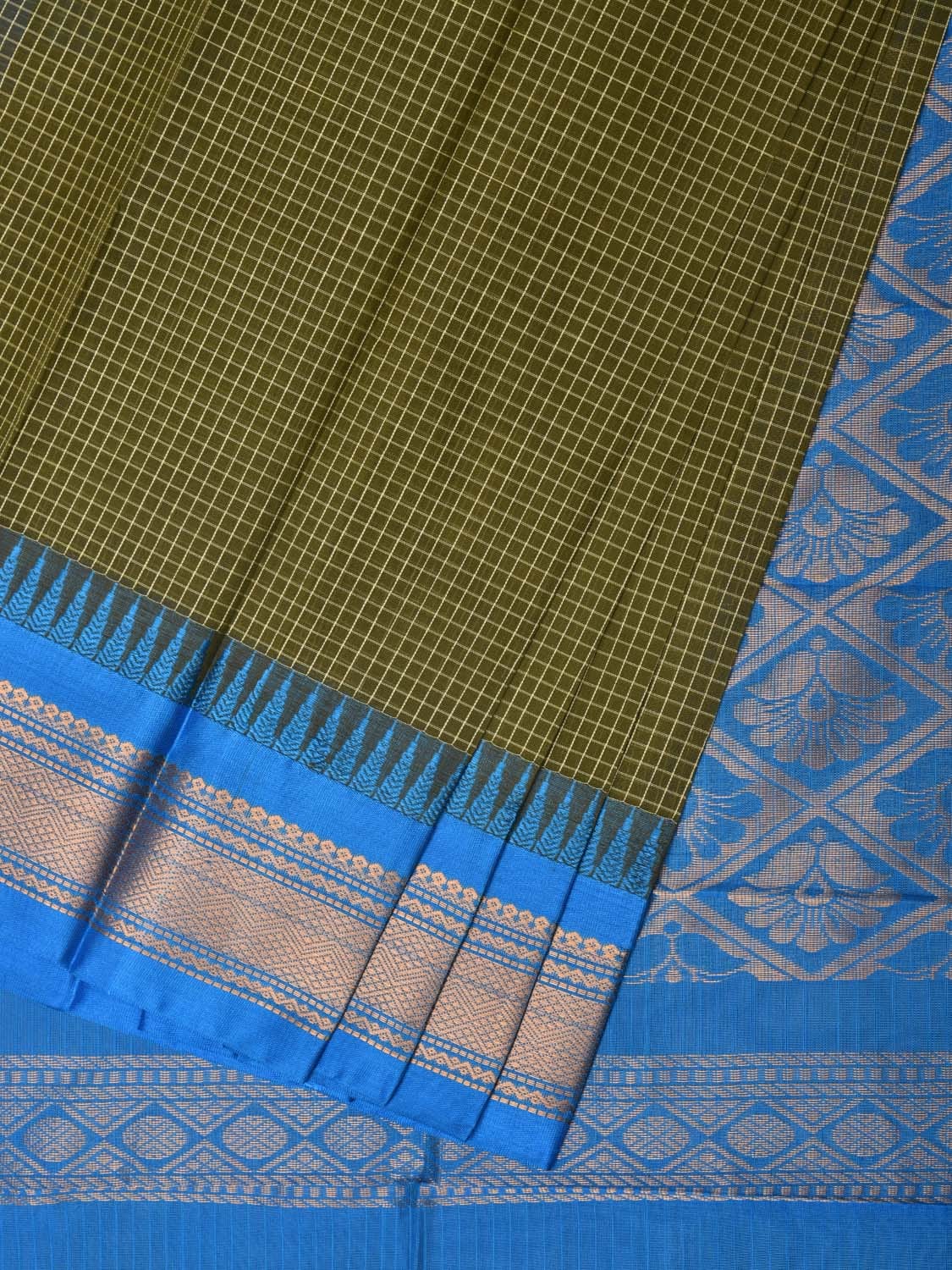 Dark Green and Blue Gadwal Cotton Plain Saree with Checks and Pallu Design No Blouse - Global Threads | Swadesiicart