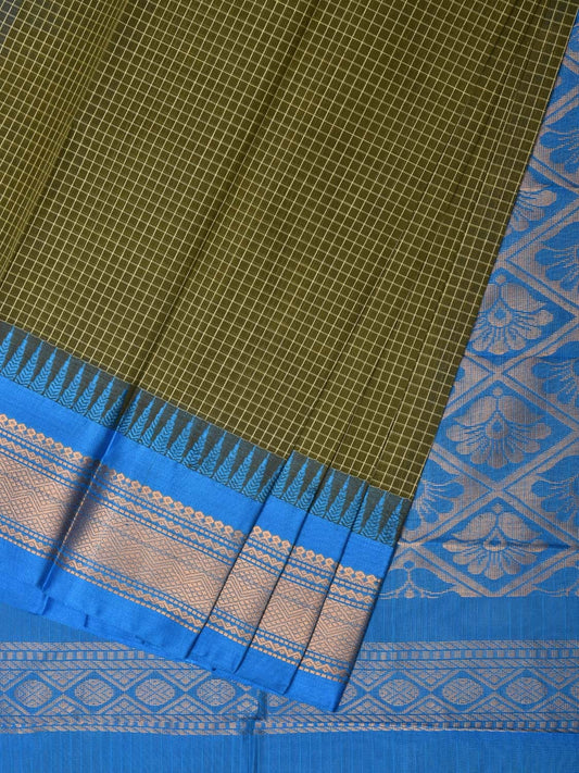 Dark Green and Blue Gadwal Cotton Plain Saree with Checks and Pallu Design No Blouse - Global Threads | Swadesiicart