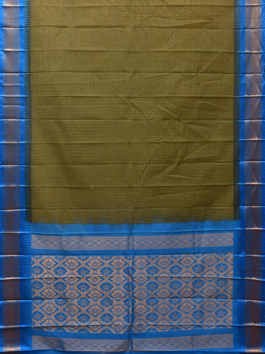 Dark Green and Blue Gadwal Cotton Plain Saree with Checks and Pallu Design No Blouse - Global Threads | Swadesiicart