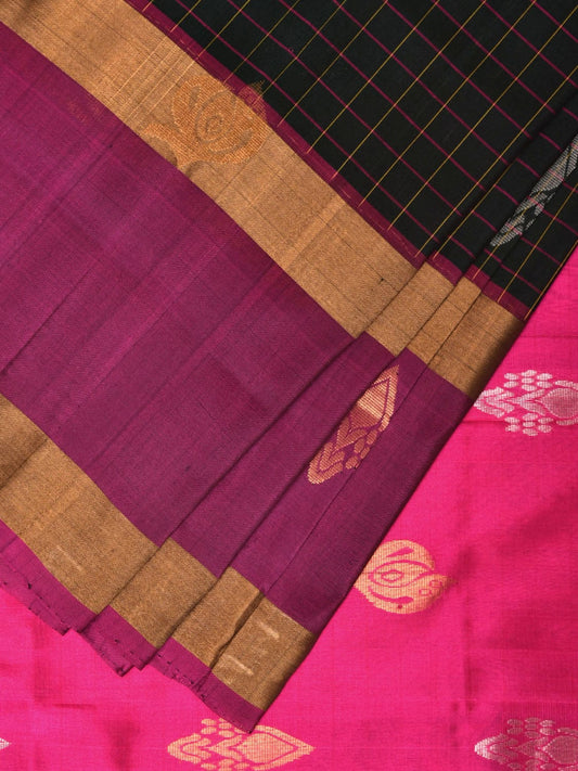 Dark Green and Purple Uppada Silk Handloom Saree with Checks and Body Buta Design - Global Threads | Swadesiicart