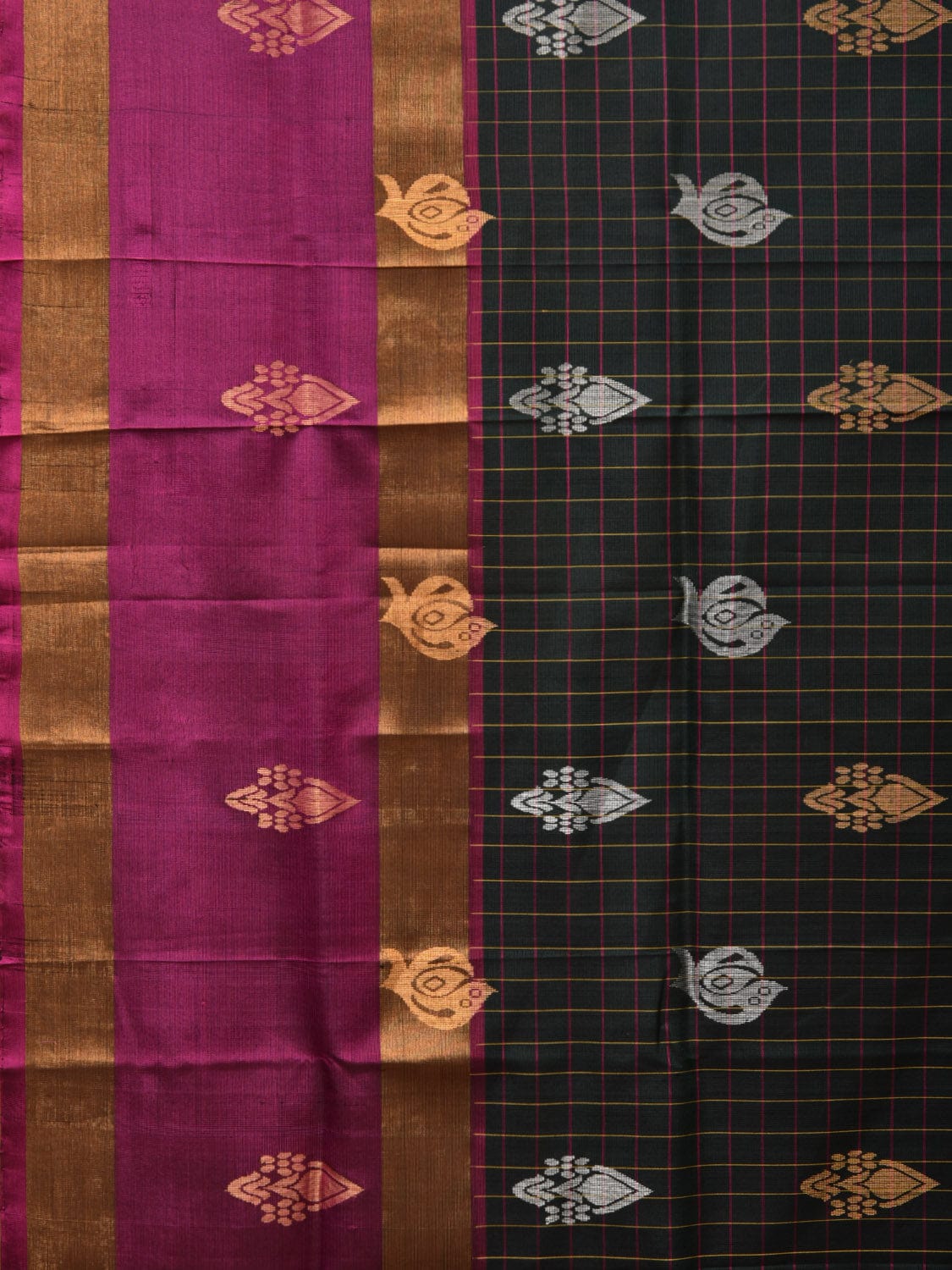 Dark Green and Purple Uppada Silk Handloom Saree with Checks and Body Buta Design - Global Threads | Swadesiicart