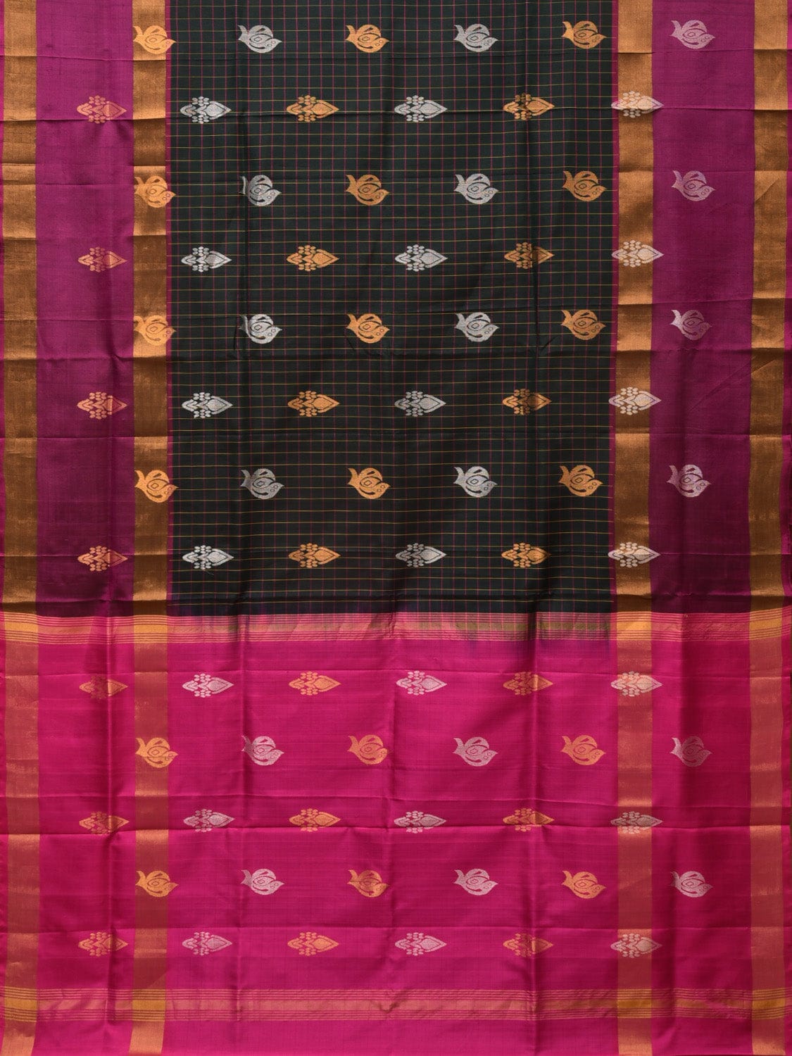 Dark Green and Purple Uppada Silk Handloom Saree with Checks and Body Buta Design - Global Threads | Swadesiicart