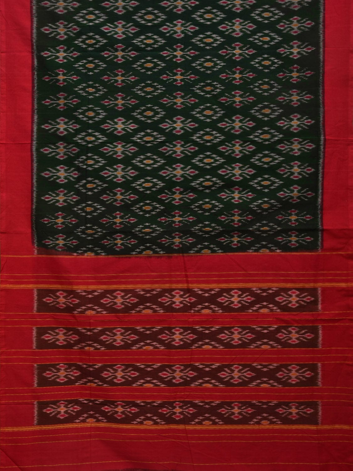 Dark Green and Red Pochampally Ikat Cotton Handloom Saree with All Over Design - Global Threads | Swadesiicart