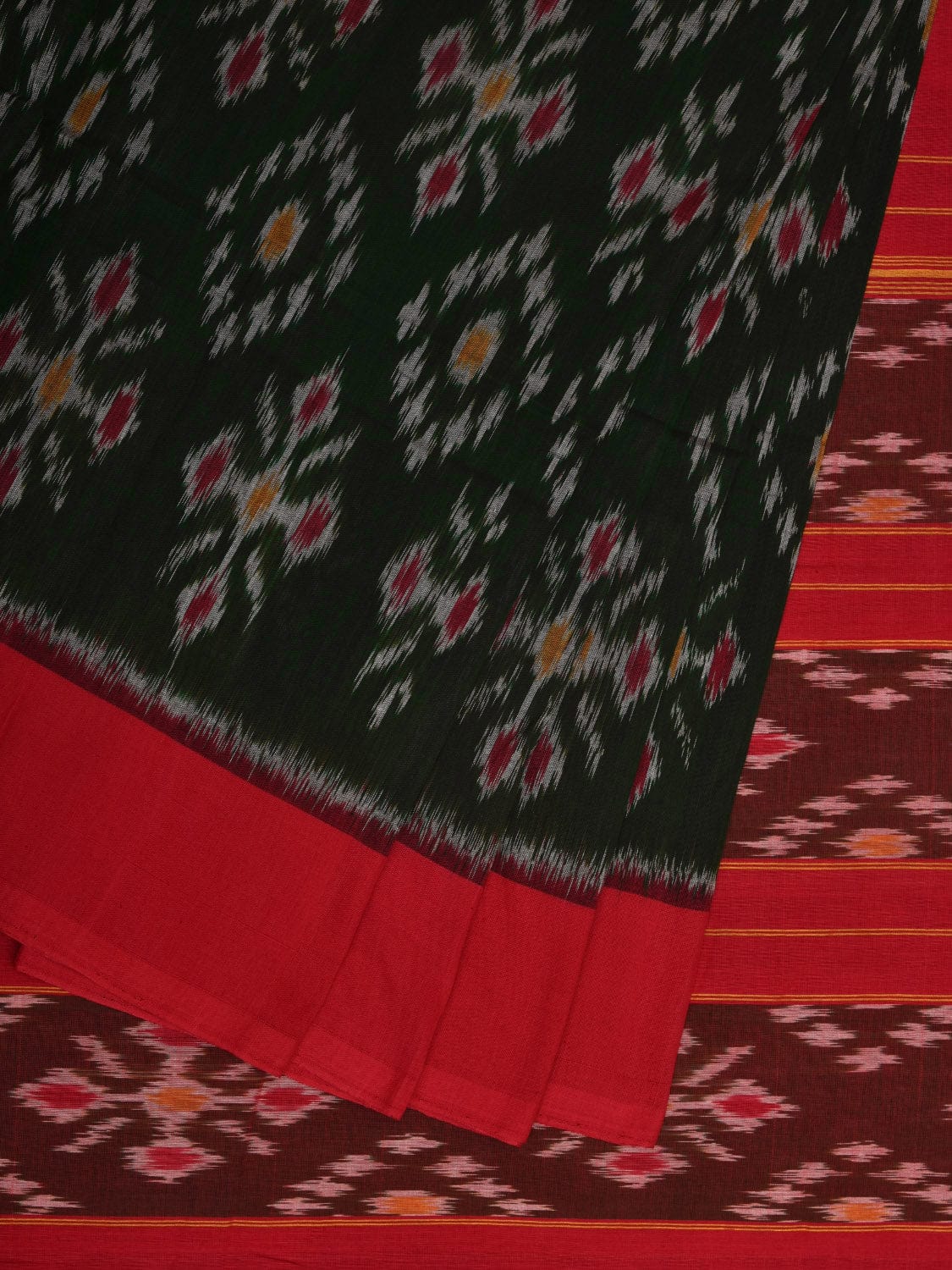Dark Green and Red Pochampally Ikat Cotton Handloom Saree with All Over Design - Global Threads | Swadesiicart