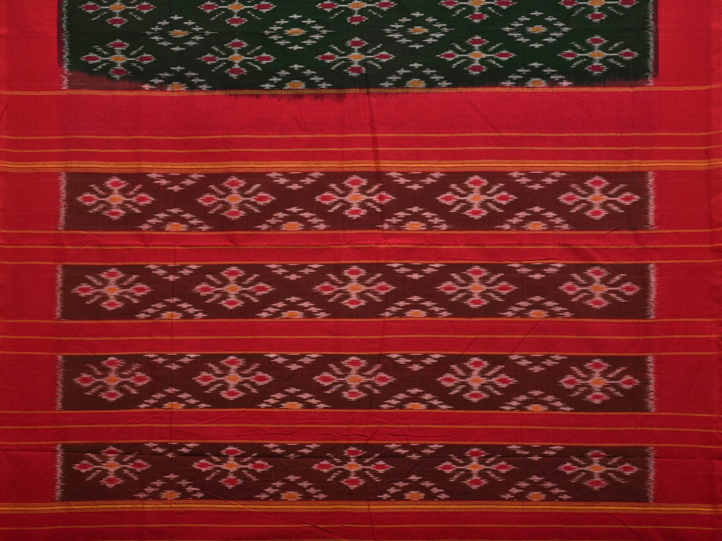 Dark Green and Red Pochampally Ikat Cotton Handloom Saree with All Over Design - Global Threads | Swadesiicart