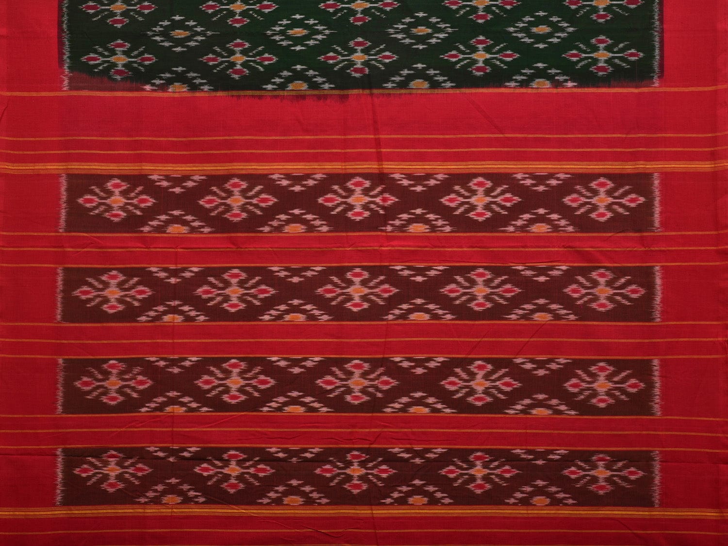 Dark Green and Red Pochampally Ikat Cotton Handloom Saree with All Over Design - Global Threads | Swadesiicart