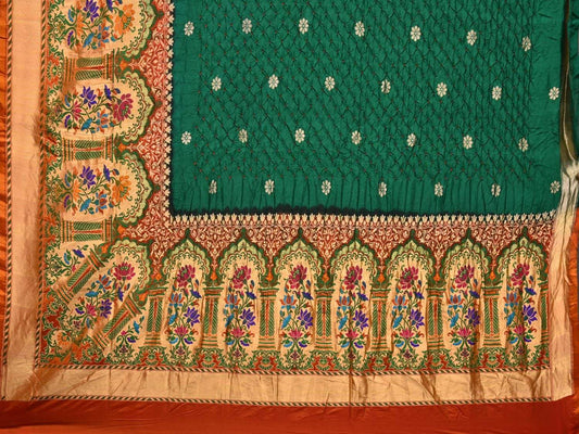 Dark Green Bandhani Paithani Silk Handloom Saree with One Side Border Design - Global Threads | Swadesiicart