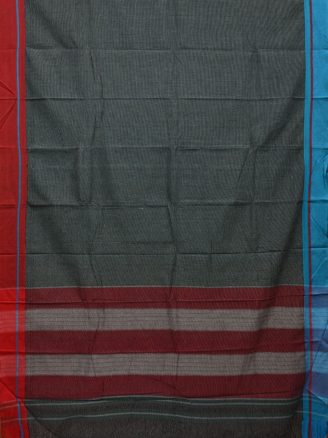 Dark Green ilkal Cotton Handloom Saree with Checks and Ganga-Jamuna Border Design No Blouse - Global Threads | Swadesiicart