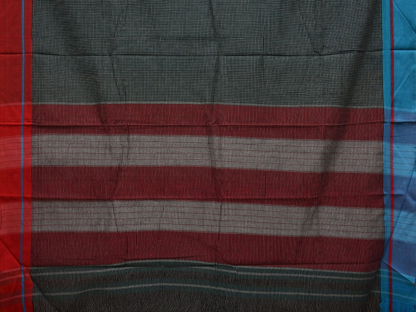 Dark Green ilkal Cotton Handloom Saree with Checks and Ganga-Jamuna Border Design No Blouse - Global Threads | Swadesiicart