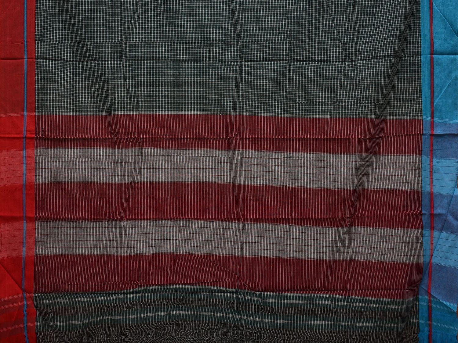Dark Green ilkal Cotton Handloom Saree with Checks and Ganga-Jamuna Border Design No Blouse - Global Threads | Swadesiicart
