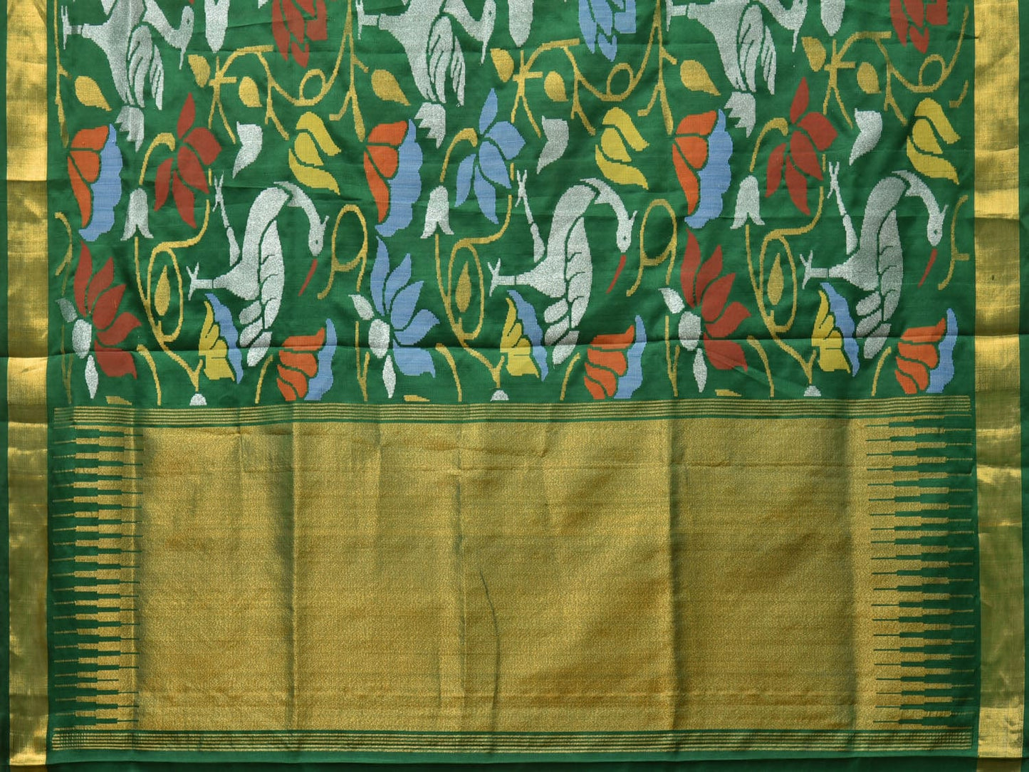 Dark Green Uppada Silk Handloom Saree with All Over Lotus and Birds Design - Global Threads | Swadesiicart