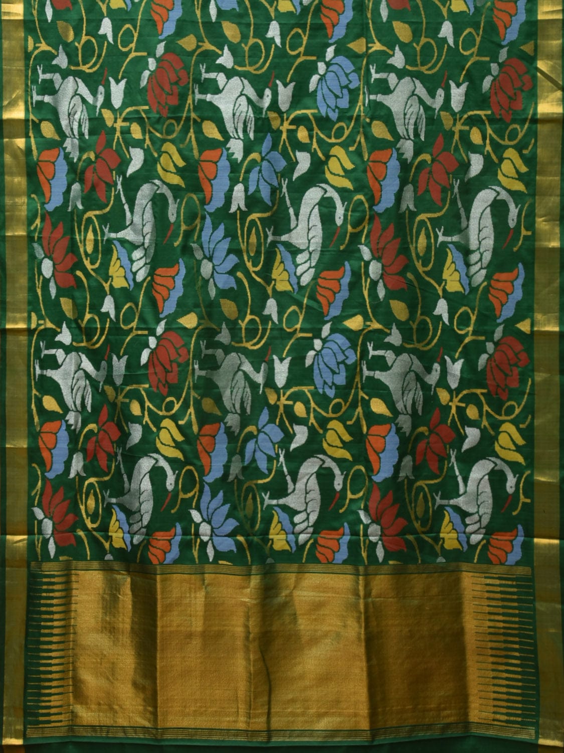 Dark Green Uppada Silk Handloom Saree with All Over Lotus and Birds Design - Global Threads | Swadesiicart