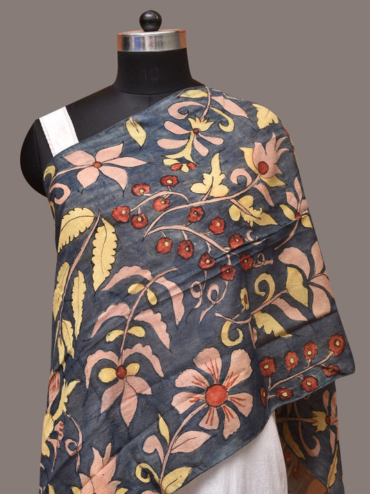 Dark Grey Kalamkari Hand Painted Sico Stole with Floral Design - Global Threads | Swadesiicart