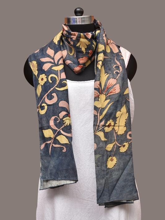 Dark Grey Kalamkari Hand Painted Sico Stole with Floral Design - Global Threads | Swadesiicart