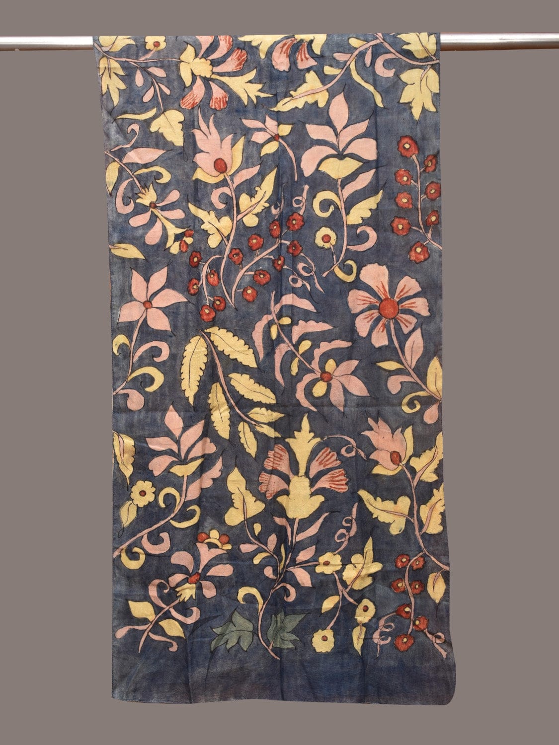 Dark Grey Kalamkari Hand Painted Sico Stole with Floral Design - Global Threads | Swadesiicart
