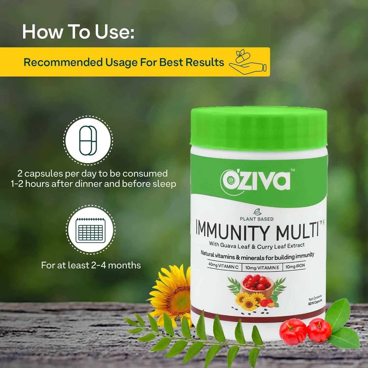 OZiva Plant Based Immunity Multivitamin with Guava Leaf & Curry Leaf Extract Capsules - Swadesiicart