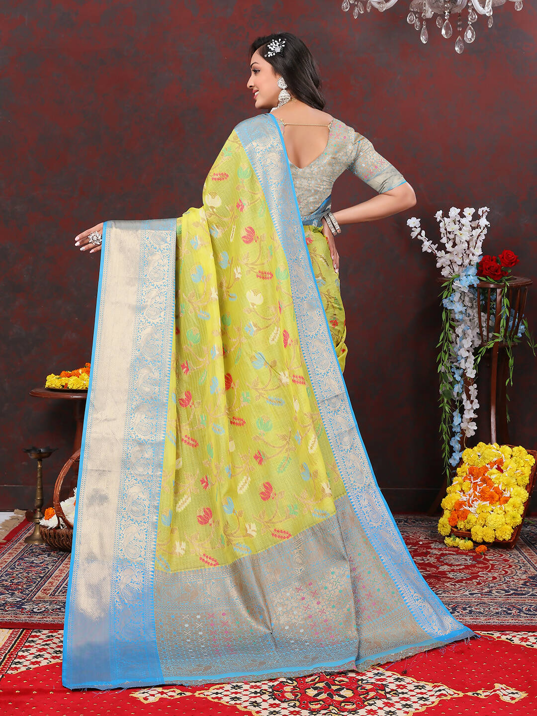 Lorenvalley Fashion Yellow Cotton Woven Design Zari Meenakari Weaving Saree - Swadesiicart