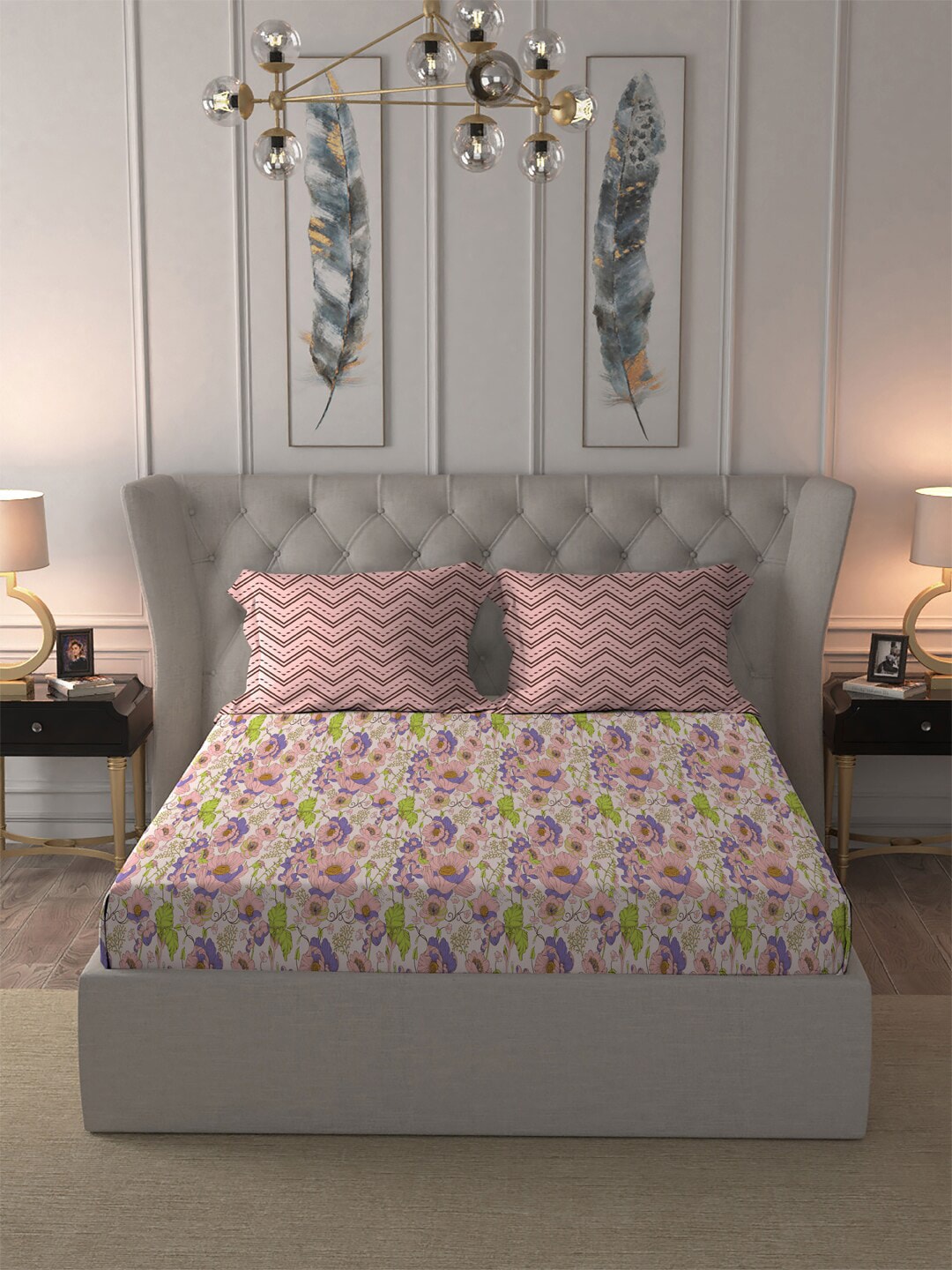 MYTRIDENT Moments Pink Blue Floral Pure Cotton 120 TC Queen Bedsheet With 2 Pillow Covers - Swadesiicart