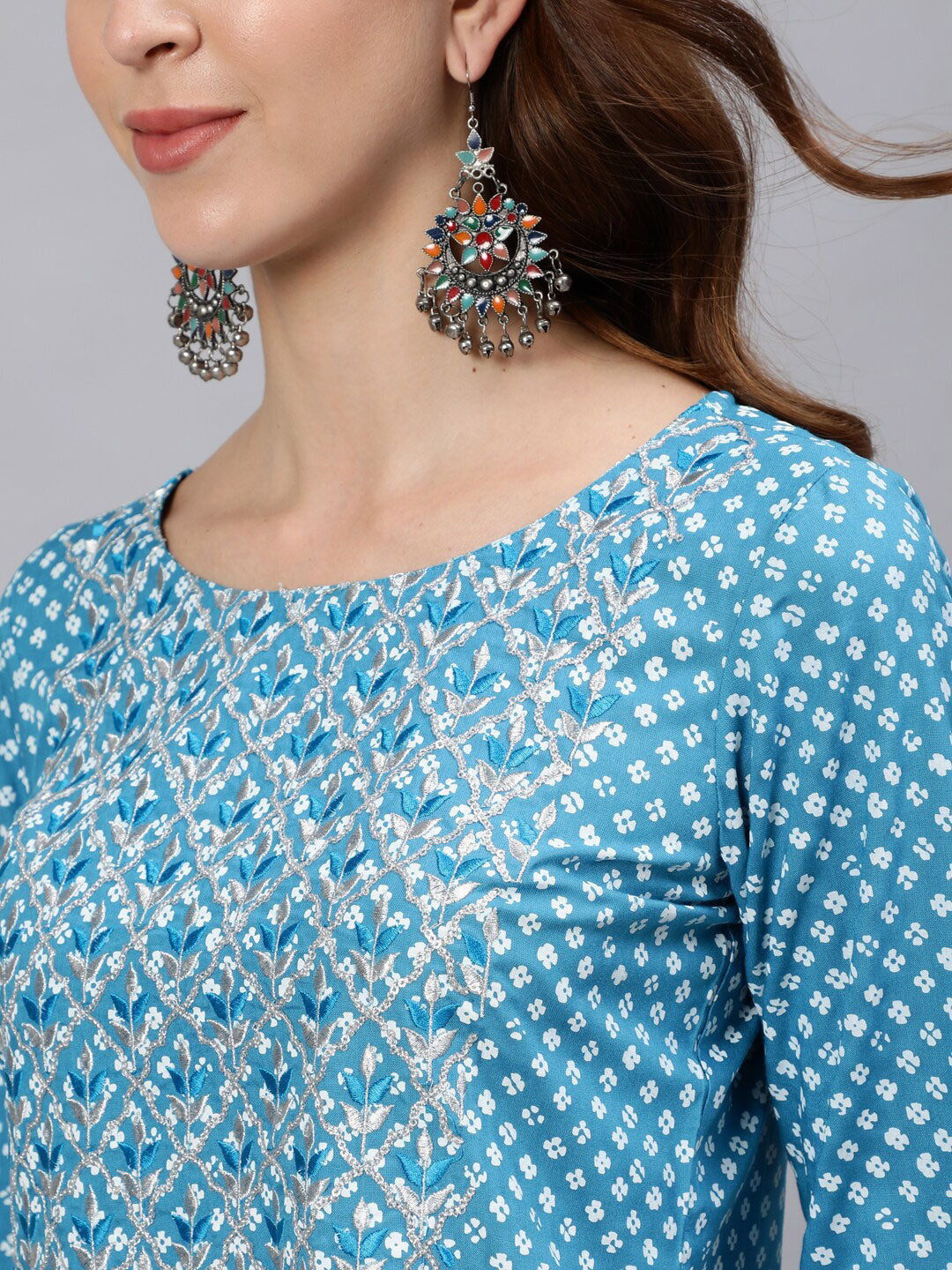 Jaipur Kurti Blue & White Floral Printed Women Kurta - Swadesiicart