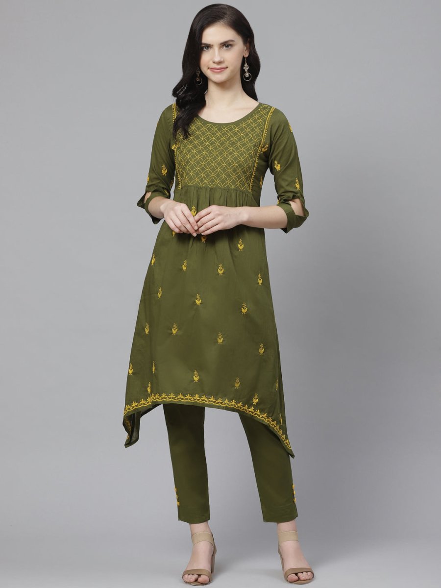 ADA Women Green & Yellow Chikankari Embroidered Sustainable Handloom Kurta with Trousers | Swadesiicart