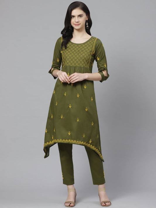 ADA Women Green & Yellow Chikankari Embroidered Sustainable Handloom Kurta with Trousers | Swadesiicart