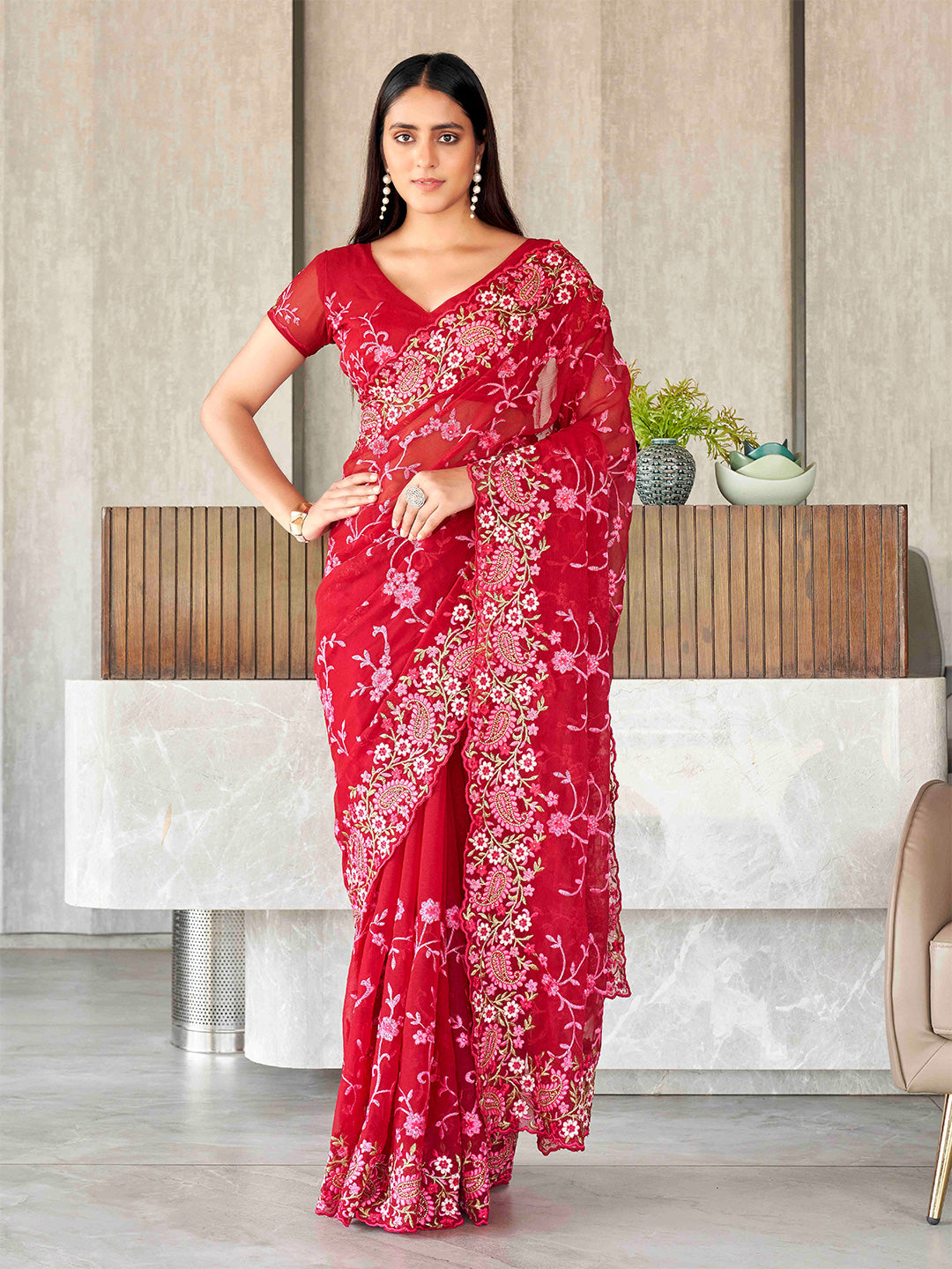 Tikhi Imli Floral Embroidered Chiffon Heavy Work Saree | Swadesiicart