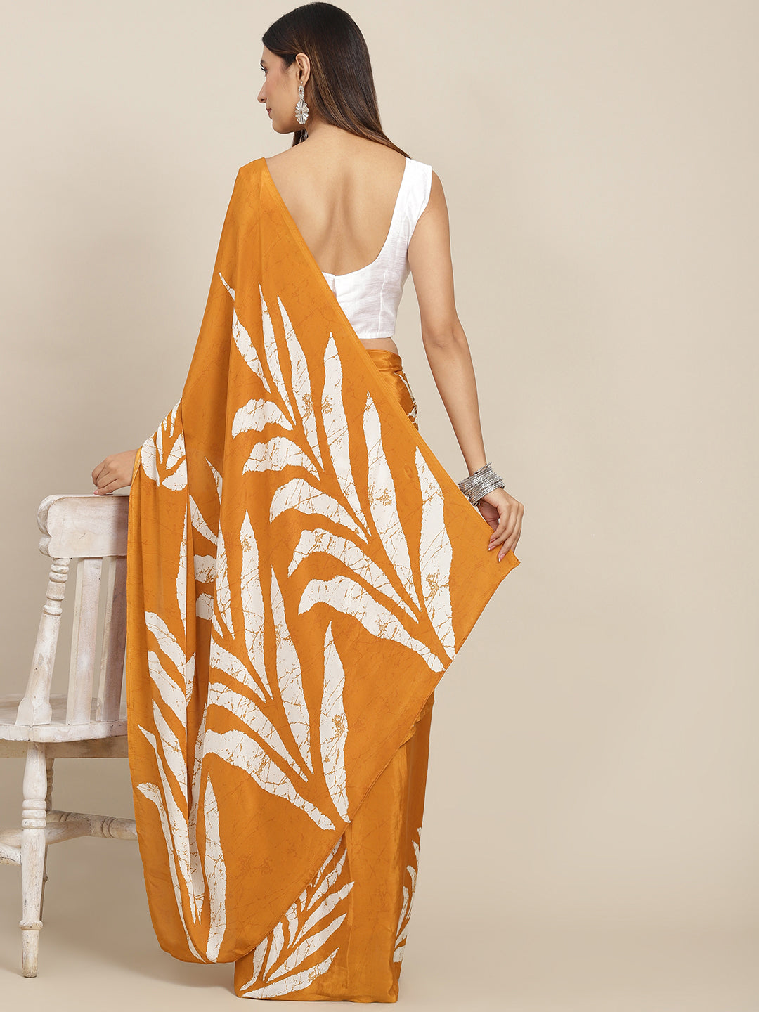 Tikhi Imli Mustard & White Floral Print Satin Saree | Swadesiicart
