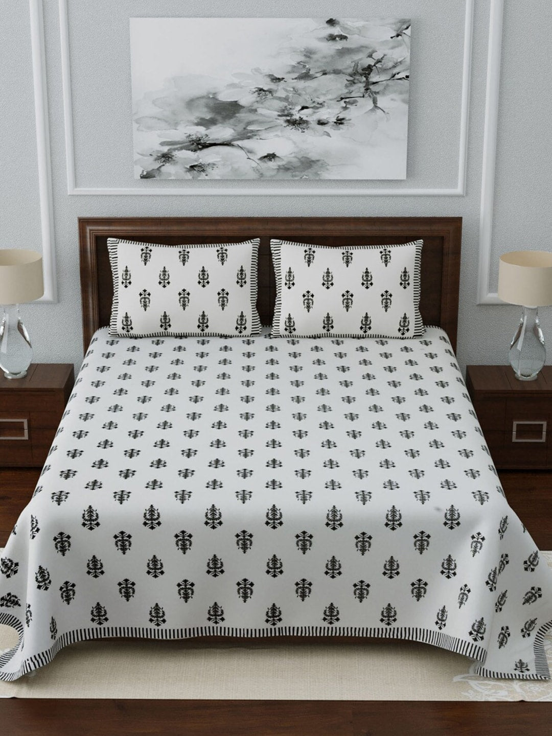 LIVING ROOTS White & Grey Ethnic Motifs 210 TC King Bedsheet with 2 Pillow Covers - Swadesiicart