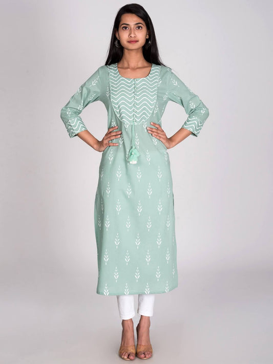 Swasti Women Green & jet stream Geometric Embellished Cold-Shoulder Sleeves Chikankari Floral Kurta | Swadesiicart